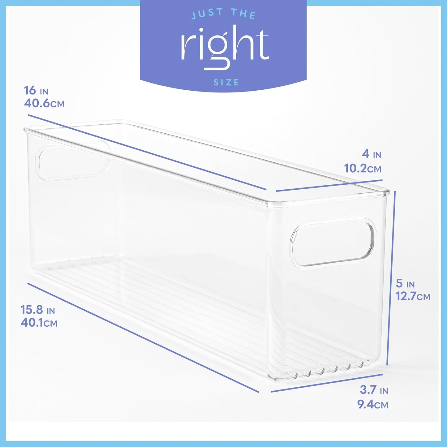 Plastic Food Storage 4 Pack Clear Container Bin with Handles for Organizing Kitchen, Pantry, Refrigerator, Freezer, Pantry, Cabinet, Closet, Bathroom. Stackable 10”x6”x3”