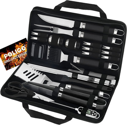 POLIGO 29 PCS BBQ Grill Accessories Stainless Steel BBQ Tools Grilling Tools Set with Storage Bag for Fathers Day Dads Birthday Presents - Camping Grill Utensils Set Ideal Grilling Gifts for Men Brown