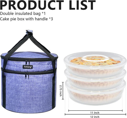3 pack pie carrier with lid and handle,of insulated bag,pie carriers for transport,Holds 3 pies/Pizza,Thanksgiving Day (Grey, 3 pie carriers + insulated bag)