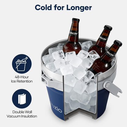 BUZIO 7.4 Qt/7 L Insulated Ice Bucket with Lid, Scoop, Tongs & Metal Cups, Double Wall Vacuum Stainless Steel Beer Bucket, Holds 6 Longnecks/3 Wine Bottles, for Parties Bar, Black