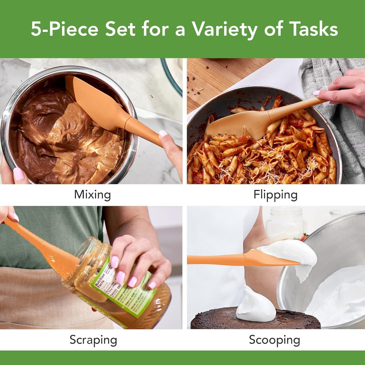 Tovolo Flex Core 5 Piece Silicone Spatula Set Heat Resistant All Silicone Utensils Include Non Stick Spatula Spoonula Jar Scraper, Dishwasher Safe BPA Free Spatulas for Baking Mixing, White