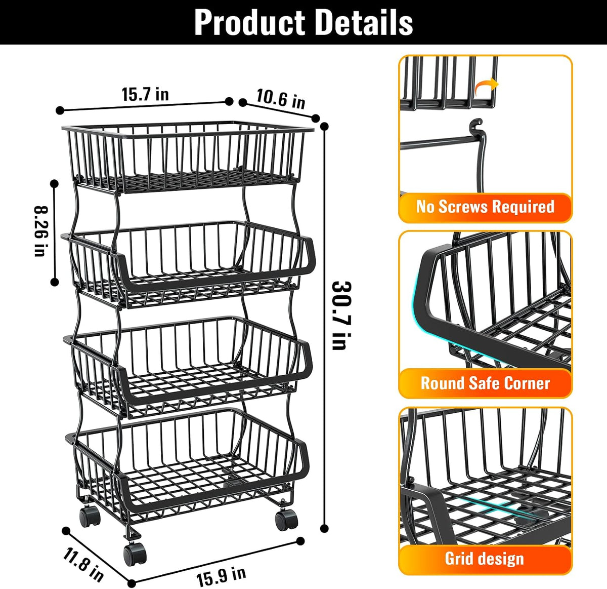 Gsiekare 3-Tier Rolling Pantry Organizer and Storage Cart with Wheels | Stackable wire pantry baskets for pantry shelves, fruit basket stand, easy to move, storage rack for food snack onion potato