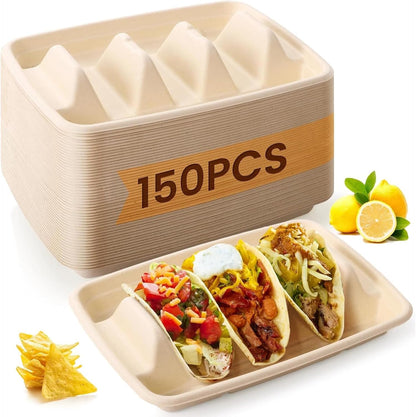 150 PCS Disposable Taco Holders, 3-Slot Bagasse Pulp Taco Plates, Plant Fiber Taco Stands with Dividers, Taco Tuesday Serving Trays for Tacos, Sandwiches, Hot Dogs, Pancakes