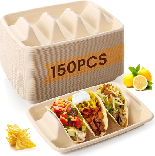 150 PCS Disposable Taco Holders, 3-Slot Bagasse Pulp Taco Plates, Plant Fiber Taco Stands with Dividers, Taco Tuesday Serving Trays for Tacos, Sandwiches, Hot Dogs, Pancakes
