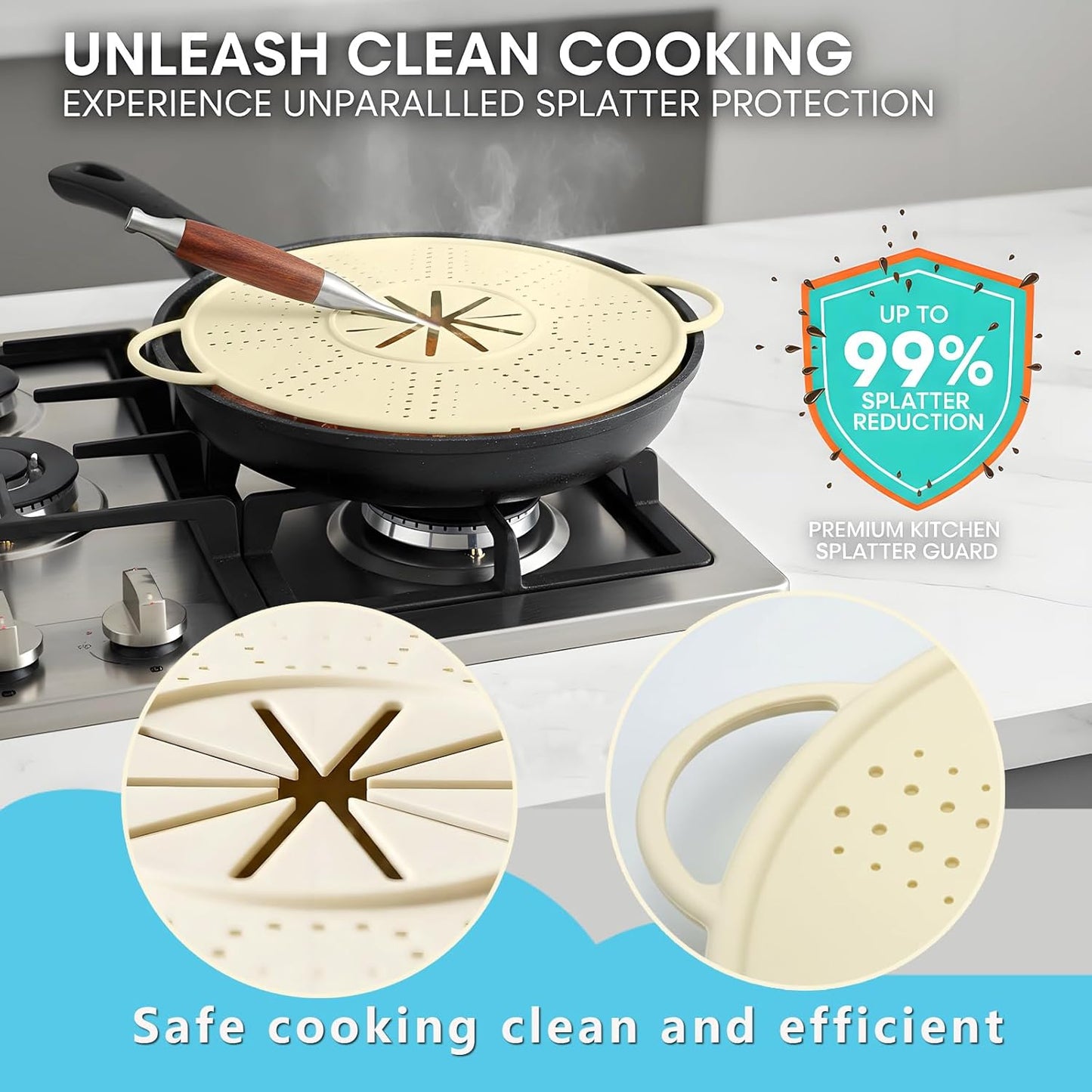 Silicone Splatter Screen for Frying Pans, Oil Splash Guard Cover with Strainer Holes & Heat Resistant Mat, Fits Most Stovetop Pans Non-Fold Lid