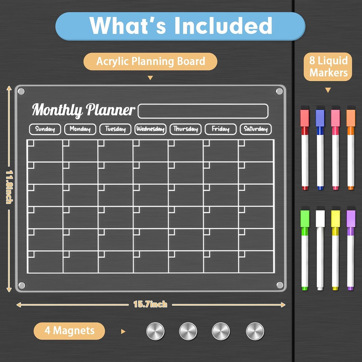 Grtard 3 Pack Acrylic Calendar for Fridge, Magnetic Calendar for Refrigerator, 16"x12" Dry Erase Whiteboard Fridge Calendar,2026 Clear Monthly Weekly Daily Memo Planning Board with 8 Markers