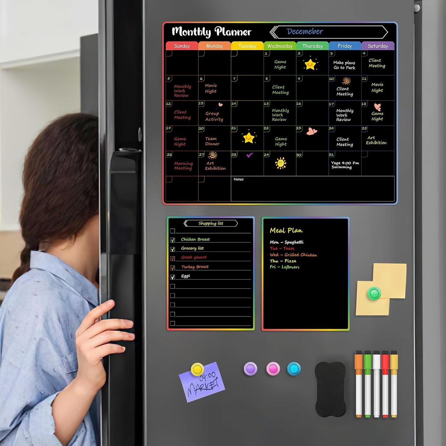 MaxGear 4 Pack Magnetic Fridge Calendar Set, 15" x 11.5" Dry Erase Whiteboard Calendar for Refrigerator, Includes Monthly, Weekly, List and Small Board with 5 Markers, 1 Eraser and 5 Magnets