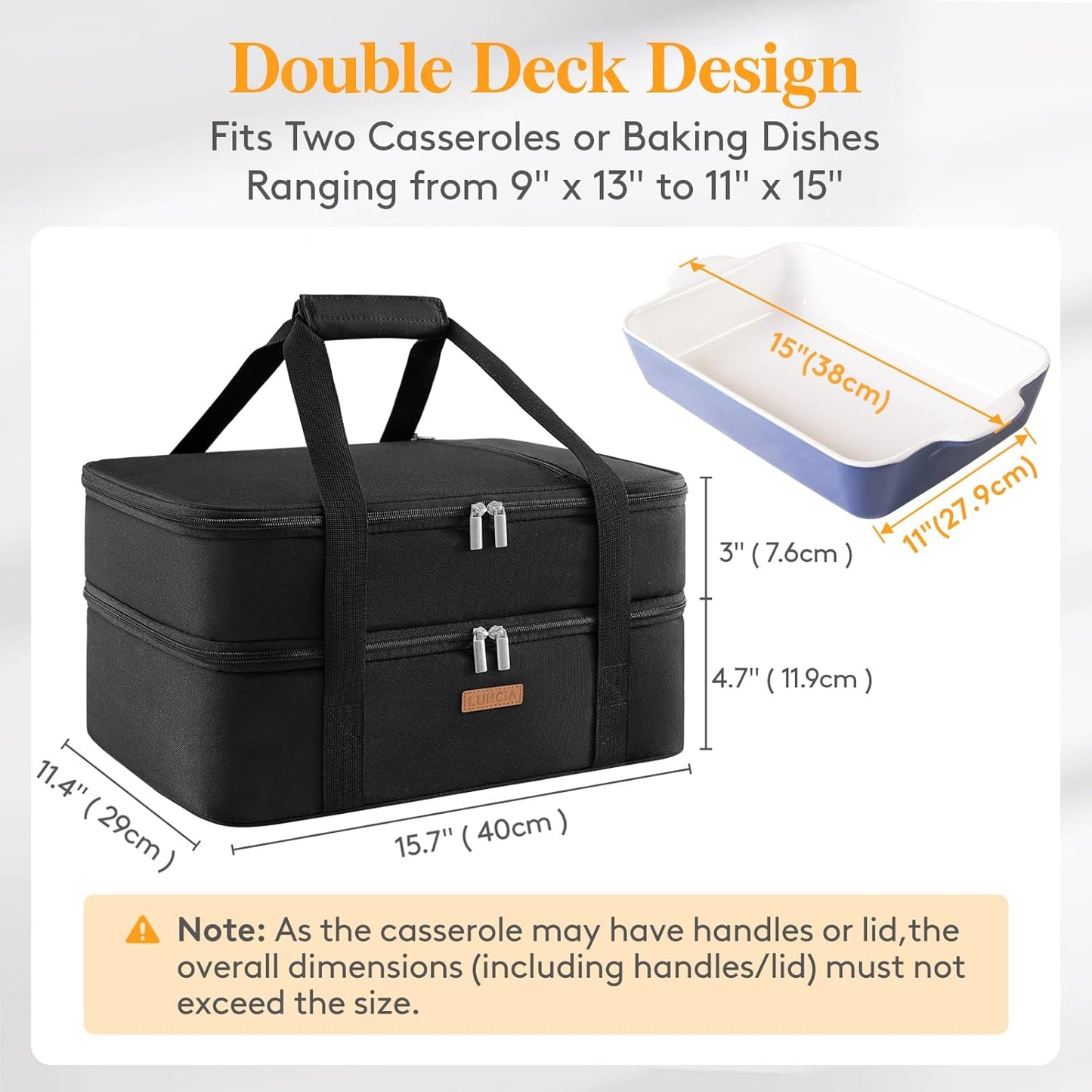 LUNCIA Insulated Single Decker Casserole Carrier, Lasagna Lugger Tote Keeps Food Hot or Cold, Thermal Lunch Bag for Potluck Parties, Picnic and Cookouts, Fits 9" x 13" Baking Dish, Black