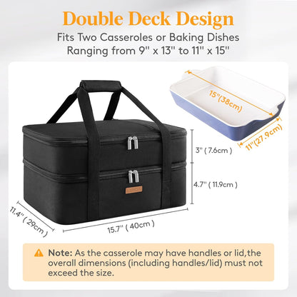 LUNCIA Insulated Single Decker Casserole Carrier, Lasagna Lugger Tote Keeps Food Hot or Cold, Thermal Lunch Bag for Potluck Parties, Picnic and Cookouts, Fits 9" x 13" Baking Dish, Black