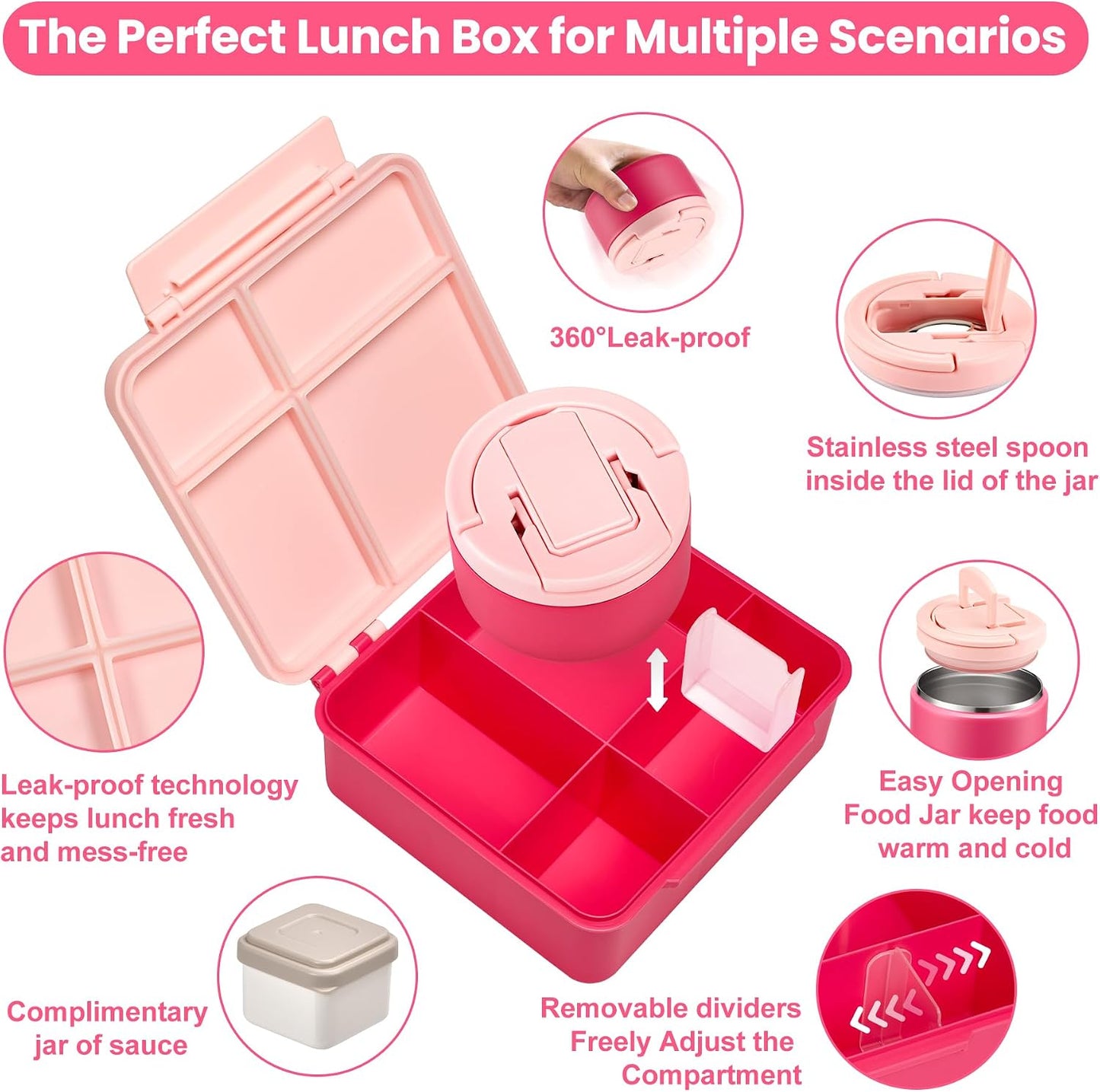 Bento Lunch Box with 8oz Soup Thermo,Kids Leakproof 4 Compartment Lunch Food Containers with Sauce Cup and Ice Pack,Kids Thermo Insulated Hot Food Jar and Lunch Bag for School,Trvael-Black