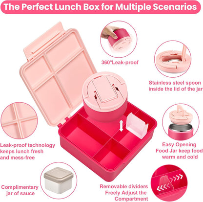 Bento Lunch Box with 8oz Soup Thermo,Kids Leakproof 4 Compartment Lunch Food Containers with Sauce Cup and Ice Pack,Kids Thermo Insulated Hot Food Jar and Lunch Bag for School,Trvael-Black