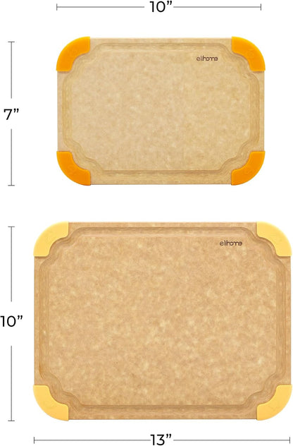 Elihome Premium Series 2-in-1 Kitchen Cutting Board Set, Non Slip Feet, Color Coded with Food Icon, Natural Wood Fiber, Dishwasher Safe, Eco-Friendly, Juice Grooves,Non Porous, BPA Free, Made in USA