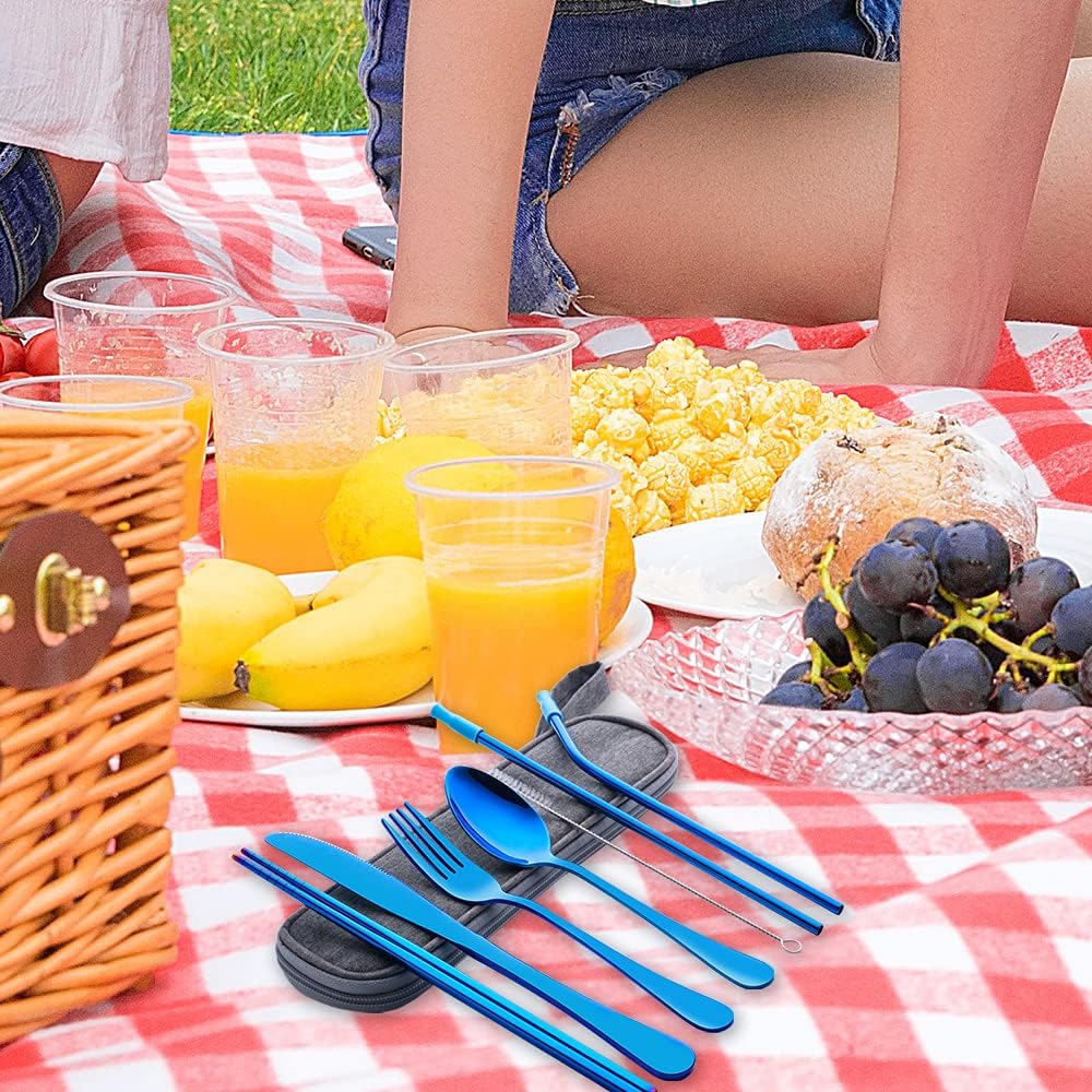 Travel Utensils Set with Case Reusable Portable Cutlery Set Stainless Steel 8pcs Including Dinner Knife Fork Spoon Chopsticks Straws(Rainbow)