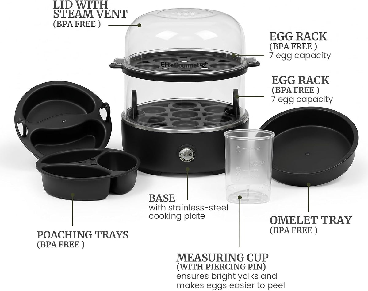Elite Gourmet 14-Egg Two-Tier Egg Cooker, Steel Plate, Auto Shut-Off