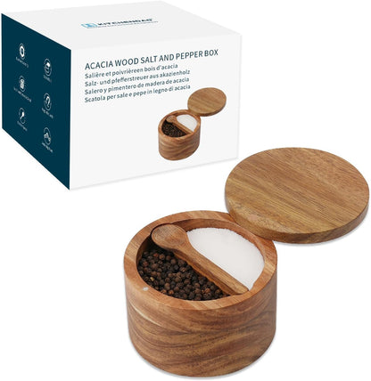 KITCHENDAO Acacia Wood Salt and Pepper Bowl Box, Built-in Spoon, Two Compartments Spice Seasoning Container, Sea Salt Cellar Holder, Magnetic Swivel Lid, Dual 5oz Capacity