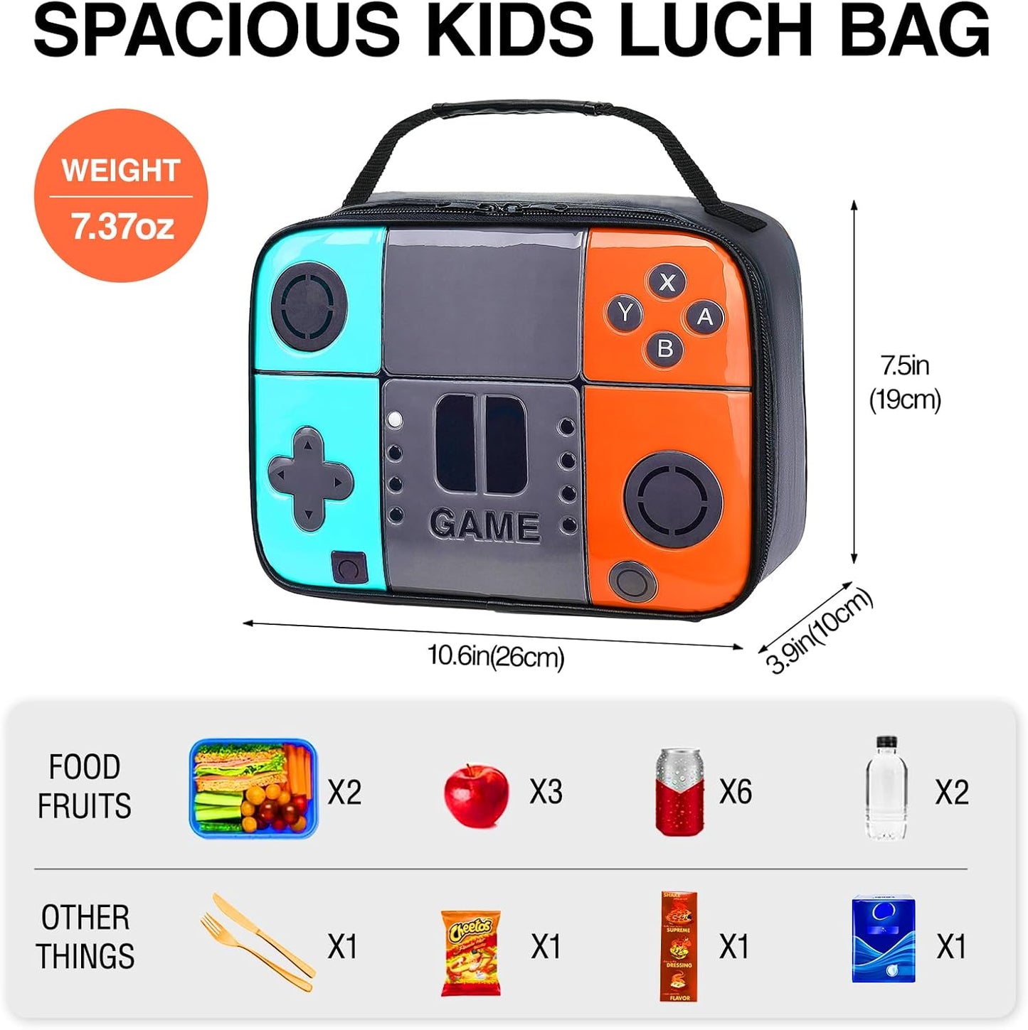 Kids Gamer Lunch Box for Boys, Game Console Insulated Lunch Bag, PU Leather Waterproof Lunchbox with Mesh Pocket, Durable Leakproof Lunch Tote Fits Bento Box for School