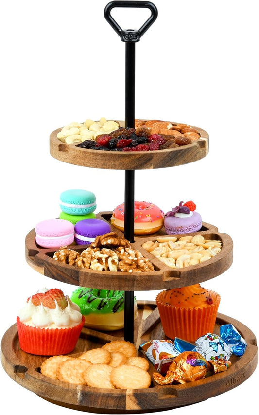 Elegant Charcuterie Boards Three Tiered Acacia Cheese Board and Cupcake Stand with 360° Easy-to-Spin Trays, Perfect for Gatherings, Housewarming Gifts, Celebrations, and Daily Usage.