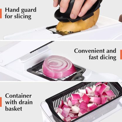 KEOUKE Vegetable Chopper Mandoline Slicer Grey - 12 in 1 Interchangeable Blades Food Chopper with Container, Hand Guard & Drainer, Veggie Dicer Kitchen Gadget for Onion, Cucumber, Tomato, Fruit