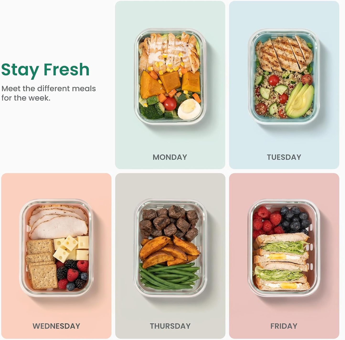 GENICOOK Glass Food Storage Containers With Glass Lids Bento Box Set Lunch Box Eco Friendly Meal Prep Containers Airtight – Plastic Free, Silicon Sleeve Bpa Free 4.4cup/ 5 * 1050ml