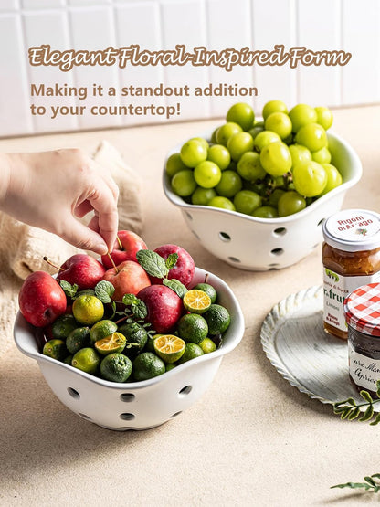 Gomakren Berry Bowls with Holes Ceramic, Berry Washing Bowl Basket Set of 2, 5.8 Inch Round Fruit Bowl Storage Containers, Strawberry Baskets, Farmhouse Kitchen Decor, Yellow + Brown