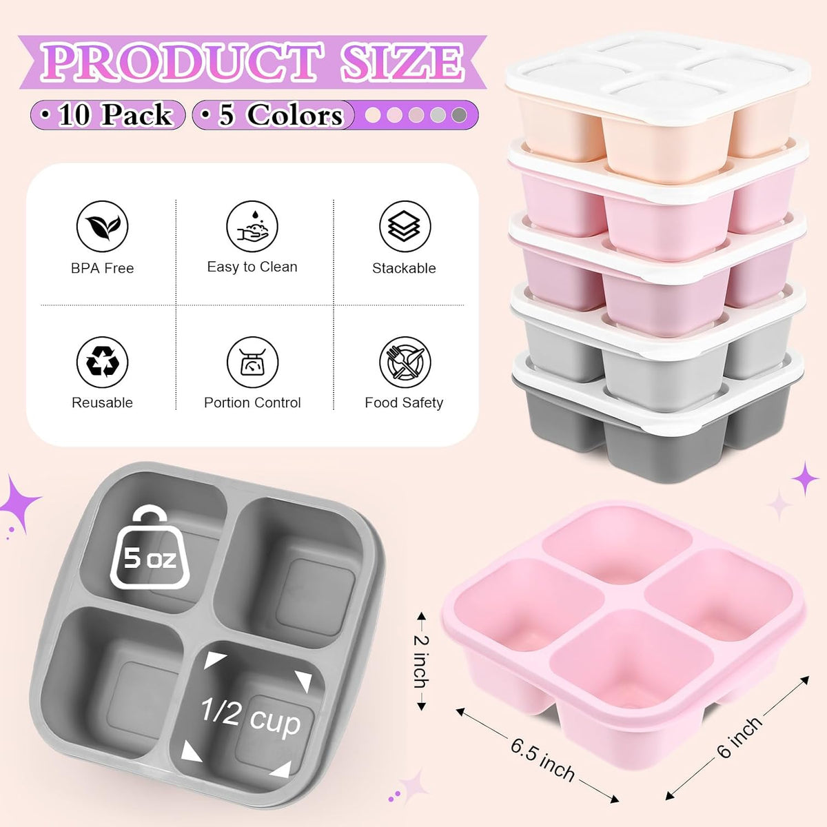 Honeydak 10 Pack Bento Snack Containers 4 Compartment Snack Boxes Reusable Containers with Lids Divided Meal Prep Lunch Food Storage Box for School Work Travel