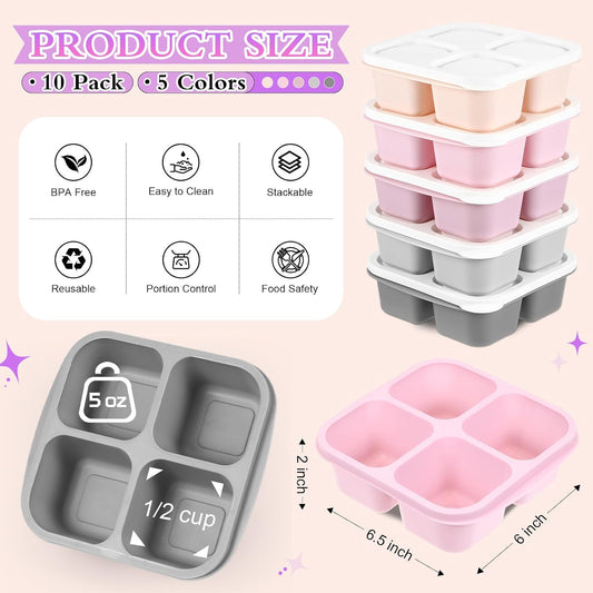 Honeydak 10 Pack Bento Snack Containers 4 Compartment Snack Boxes Reusable Containers with Lids Divided Meal Prep Lunch Food Storage Box for School Work Travel