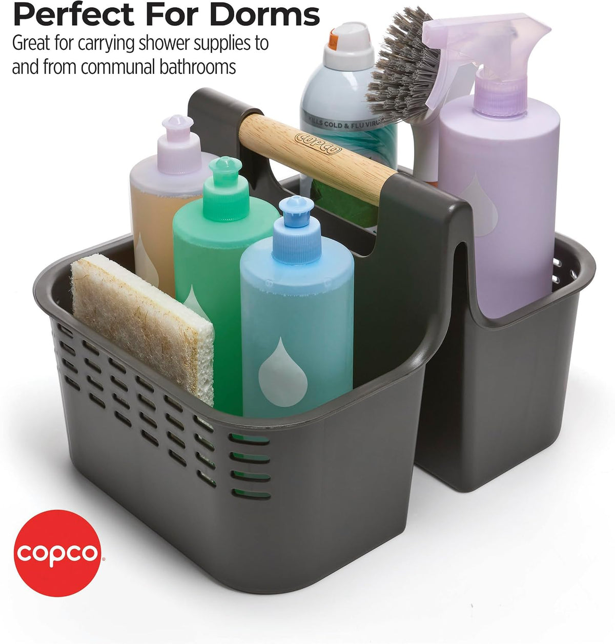 Copco Basics Bathroom and Shower Caddy with Wooden Handle - Charcoal Gray, Dual Compartment Organizer with Ventilation Holes, Portable Tote for Dorm, Home, and Travel Toiletries