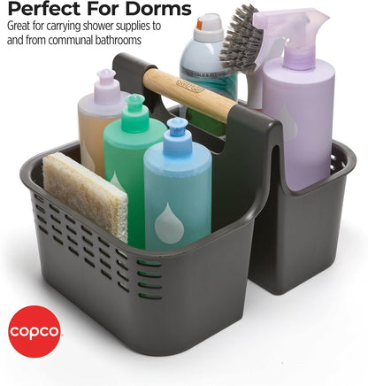 Copco Basics Bathroom and Shower Caddy with Wooden Handle - Charcoal Gray, Dual Compartment Organizer with Ventilation Holes, Portable Tote for Dorm, Home, and Travel Toiletries