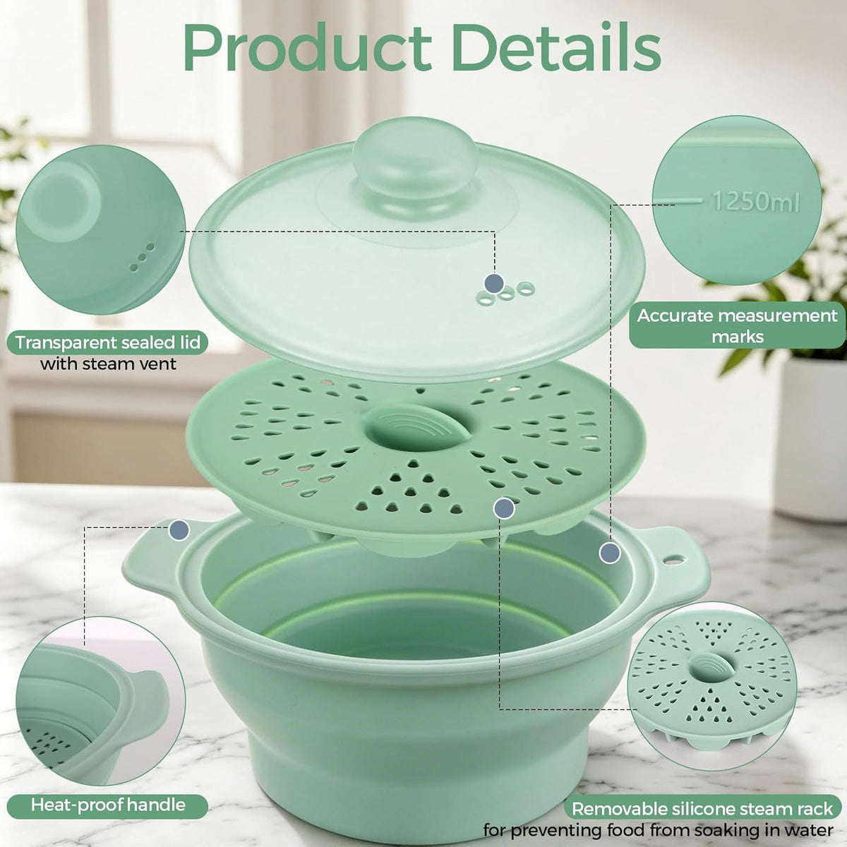 FUNKYLEE 42oz Collapsible Silicone Microwave Steamer for Vegetables, Green