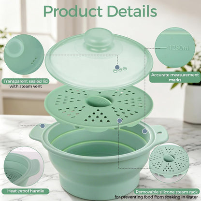 FUNKYLEE 42oz Collapsible Silicone Microwave Steamer for Vegetables, Green