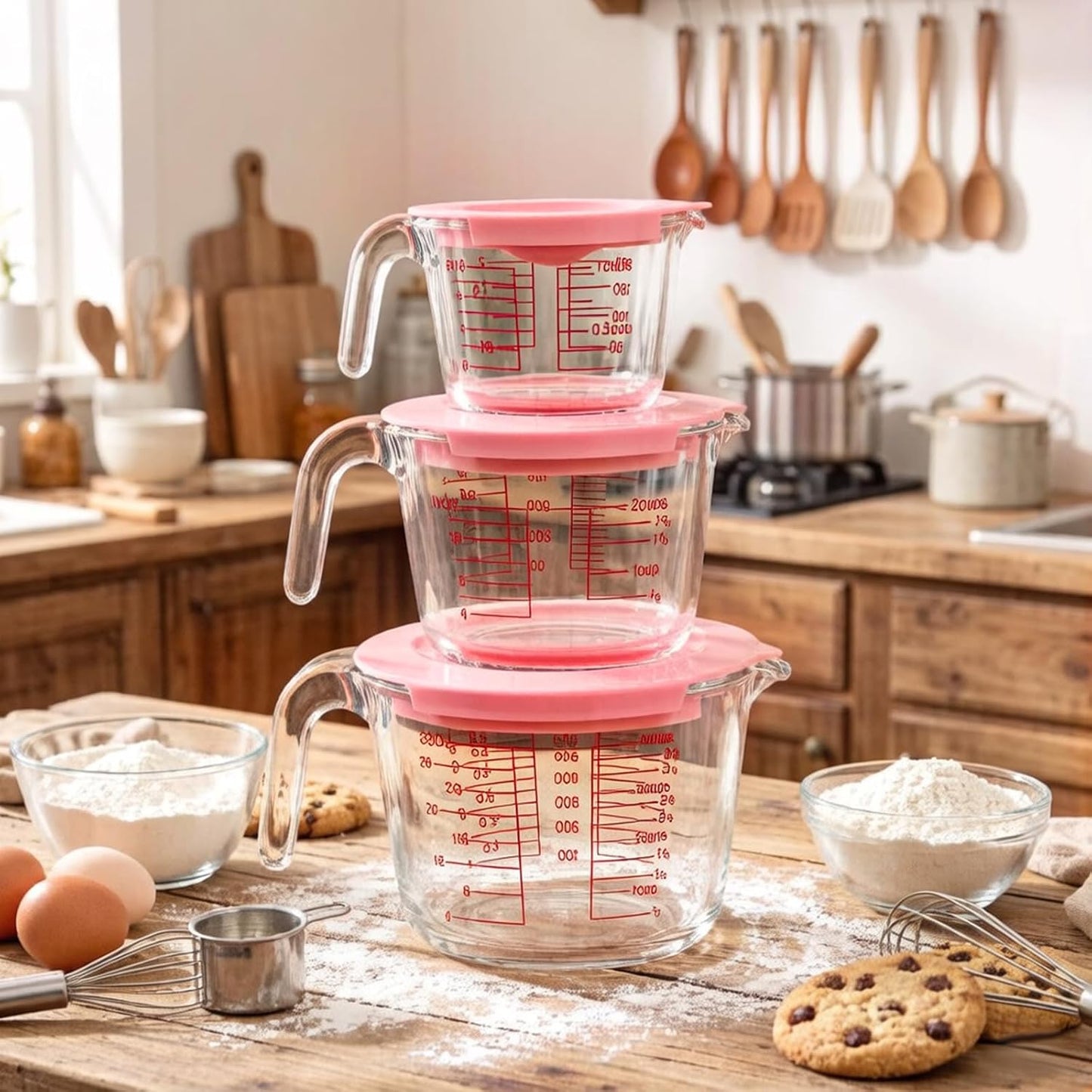 6 Pcs Glass Measuring Cups with Lids Set, 1-Cup, 2-Cup, 4-Cup Measuring Jugs with Handle For Prepping, Baking and Cooking (Pink)