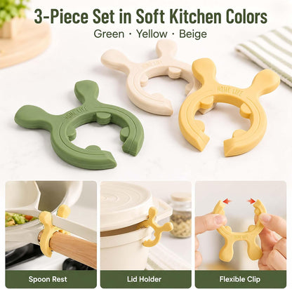3-Pack Silicone Pot Clip Spoon Holder, Clip-On Spoon Rest and Lid Support, Non-Slip Pot Handle Utensil Rest, Helps Reduce Drips and Boil-Overs, for Pots, Pans and Bowls