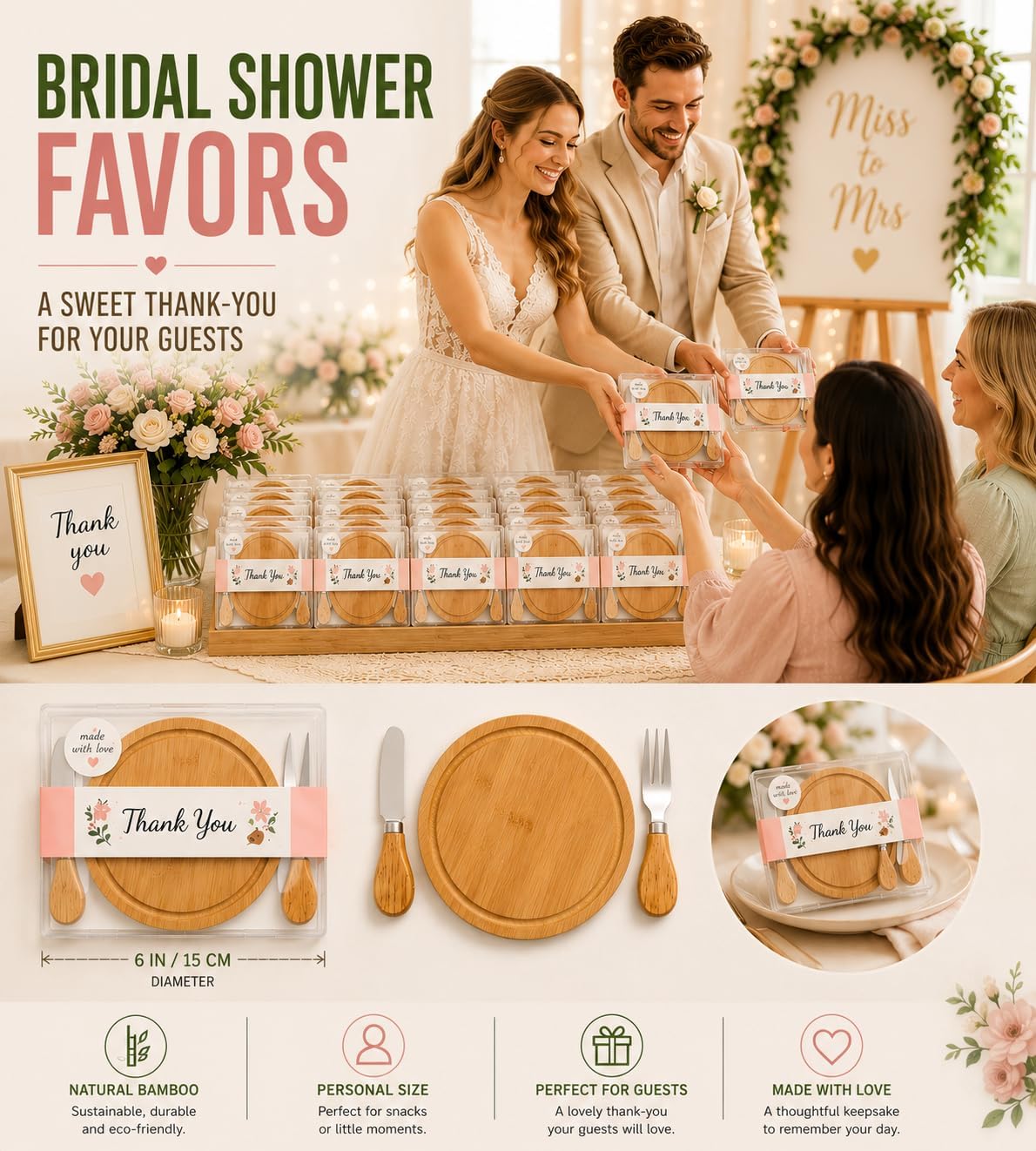 Storage-ready Bamboo Cheese Board Set, 6-Inch Mini Personal Charcuterie Tray, Gift-ready for Wedding, Bridal & Baby Shower Party