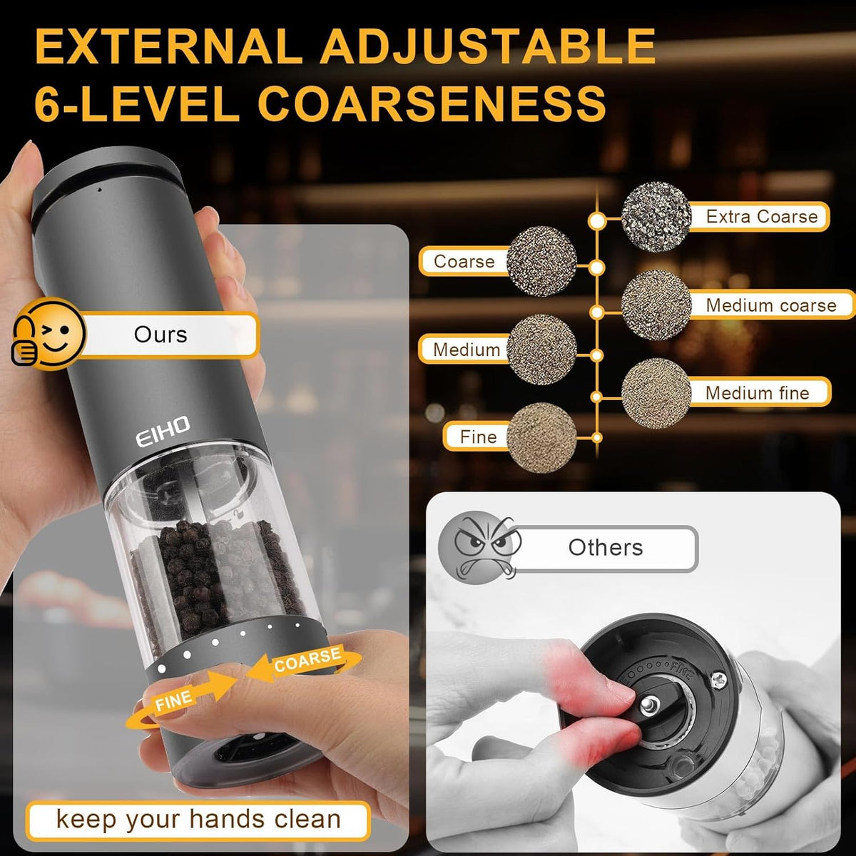 EIHO Electric Salt and Pepper Grinder Set USB Rechargeable, Upgraded External Adjustable Coarseness, Stainless Steel Automatic Salt and Pepper Shakers Mills with LED Light, House Warming Cooking Gifts