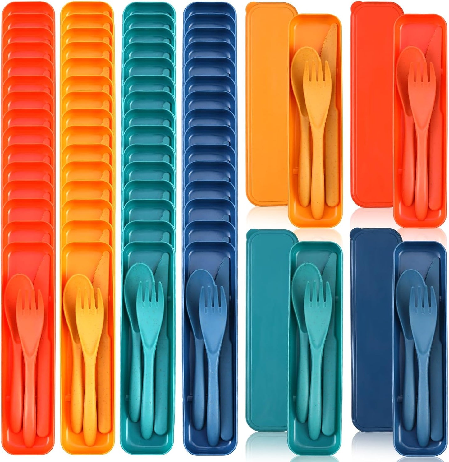Jinei 50 Sets Reusable Travel Utensils Set with Case Wheat Straw Cutlery Portable Spoon Knife Forks Lunch Box Accessories Friendly Tableware for Kids Adults Camping Utensils(Bright)