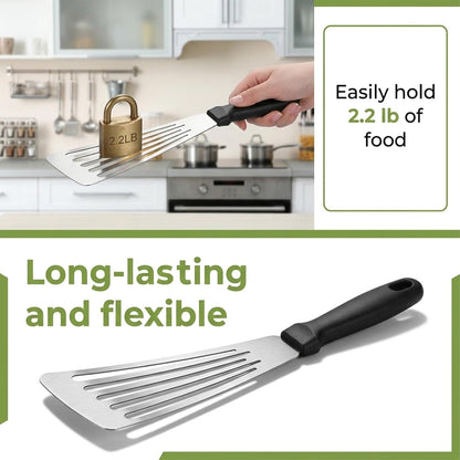 Fish Spatula Stainless Steel Thin Metal Turner Fish Spatula 12.4” Spatulas Flexible Non-Slip Ergonomic Handle Slotted Spatulas for Outdoor Grilling Daily Barbeque Black