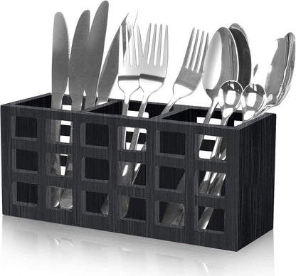 Farmhouse Wooden Silverware Utensil Caddy Cutlery Holder Small Acacia Wood Utensil Holders Organizer for Kitchen Count Party Fork Spoon Storage Organizer Table Silverware Holder Flatware Caddy Basket