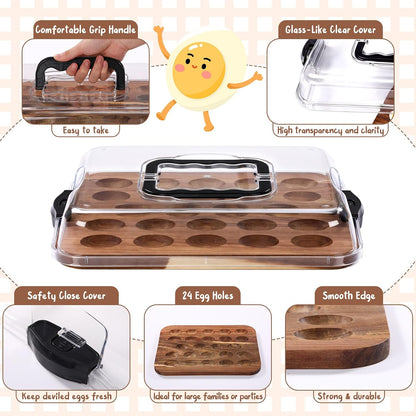 Baderke Easter Acacia Wood Deviled Egg Platter with Lid 24 Holes 15 x 11.3 Inch Deviled Egg Tray Reversible Wooden Charcuterie Board Serving Containers for Home Countertop Party Kitchen