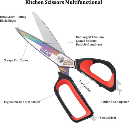 LIVINGO Heavy Duty Kitchen Shears - Titanium Coated Hot Forged Sharp Multipurpose Stainless Steel Utility Shears for Household Culinary Food Cutting Chicken Meat Cooking, Dishwasher Safe, 9.5 Inch