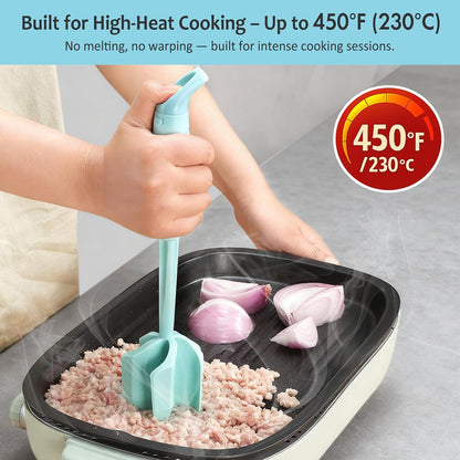 Ourokhome Meat Chopper and Potato Masher, Heat Resistant Nylon Ground Beef Smasher for Hamburger, 5 Curved Blades Nonstick Safe Mixer & Stirrer, Practical Kitchen Gadgets, Mint