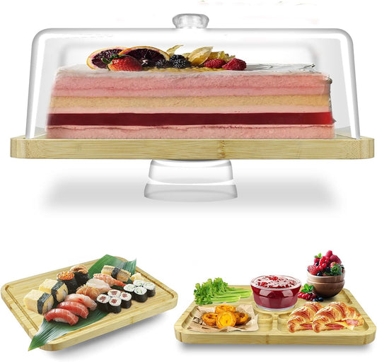 cutesun Cake Stand with Lid, 10.8'' Shatterproof Acrylic Dome (Not Glass), 11.8'' Rotating Acacia Wood Cake Display Stand for Wedding Birthday Party Dessert