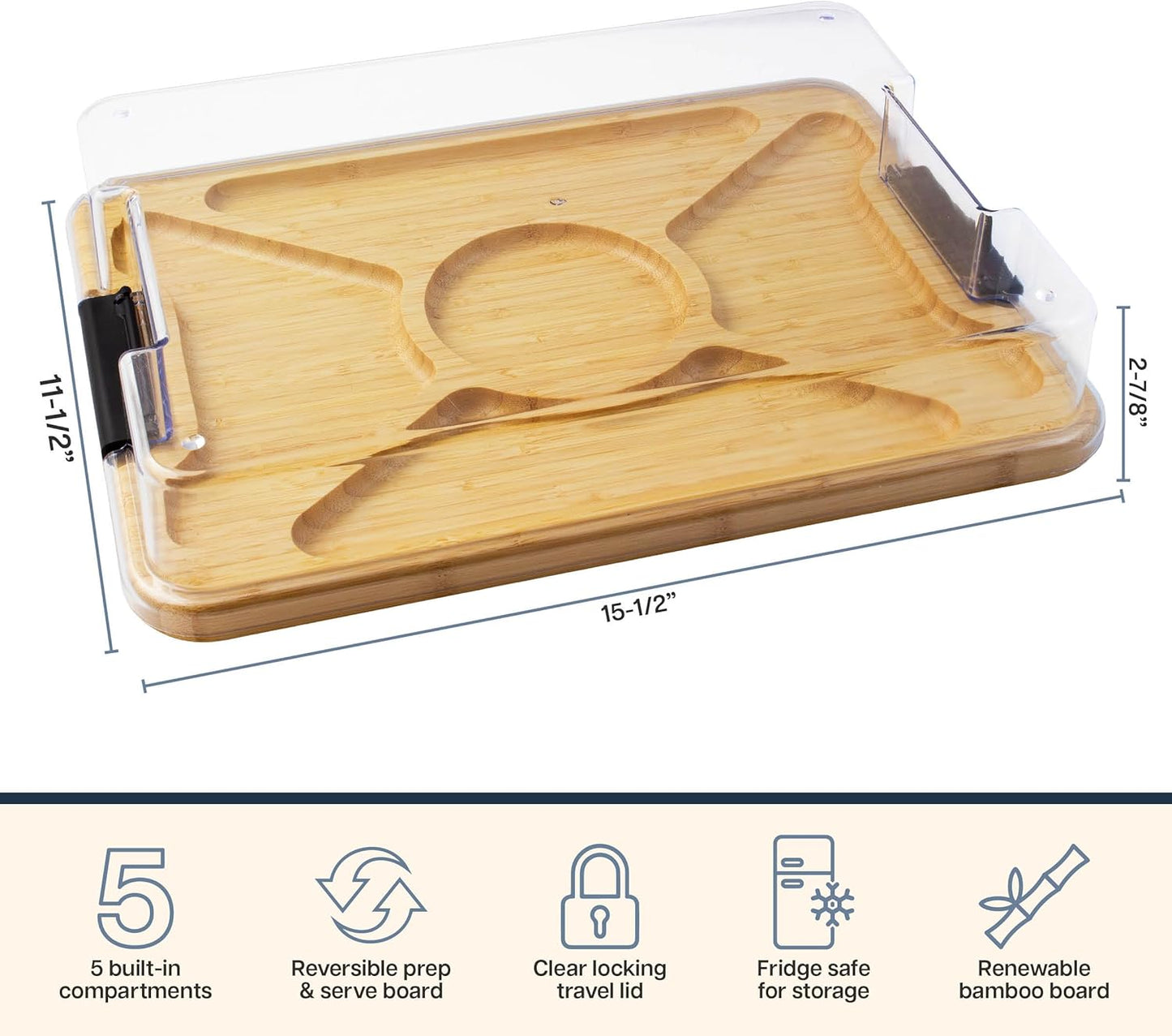 Totally Bamboo Flip, Serve & Store Charcuterie Board with Lid, Reversible Bamboo Cutting Board and Portable Cheese Tray with Compartments, Locking Travel Cover, 15.5 x 11.5 Inches