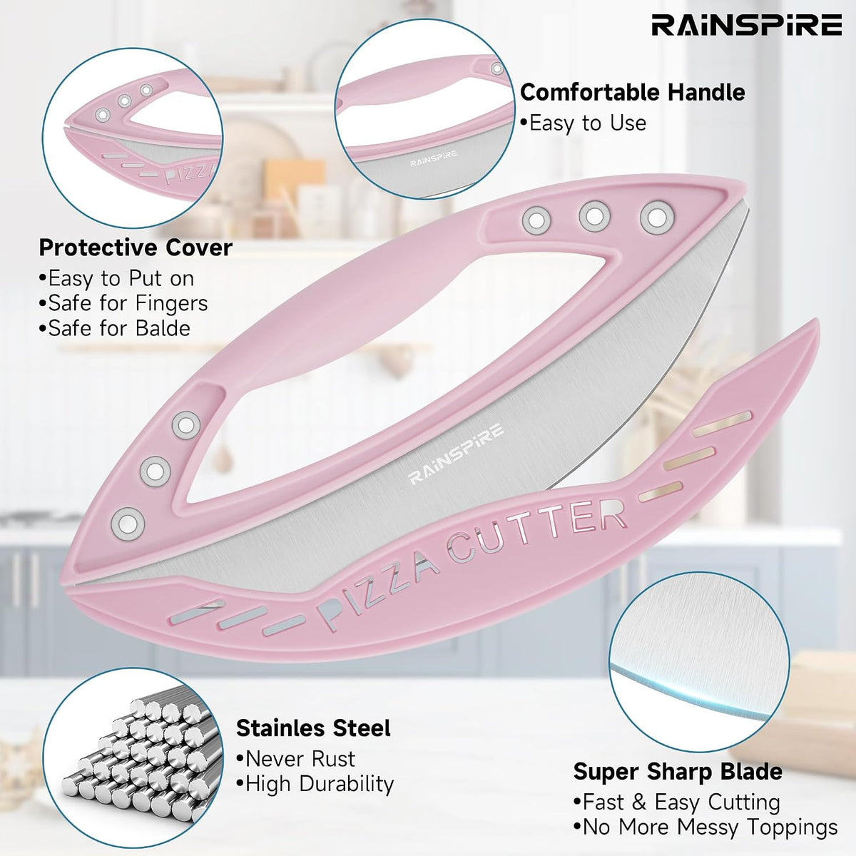Rainspire 12" Pizza Cutter Rocker Blade Stainless Steel Pizza Rocker with Cover Sharp Blade Pizza Knife Dishwasher Safe Kitchen Gadgets Home Essentials, Black