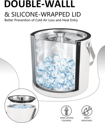 Bakpoco Insulated Ice Bucket with Silicone Lid, Scoop, Tongs & Strainer, 3L Stainless Steel Double Wall Ice Buckets for Parties & Cocktail Bar, Champagne Ice Bucket with Lid for Freezer, Ivory