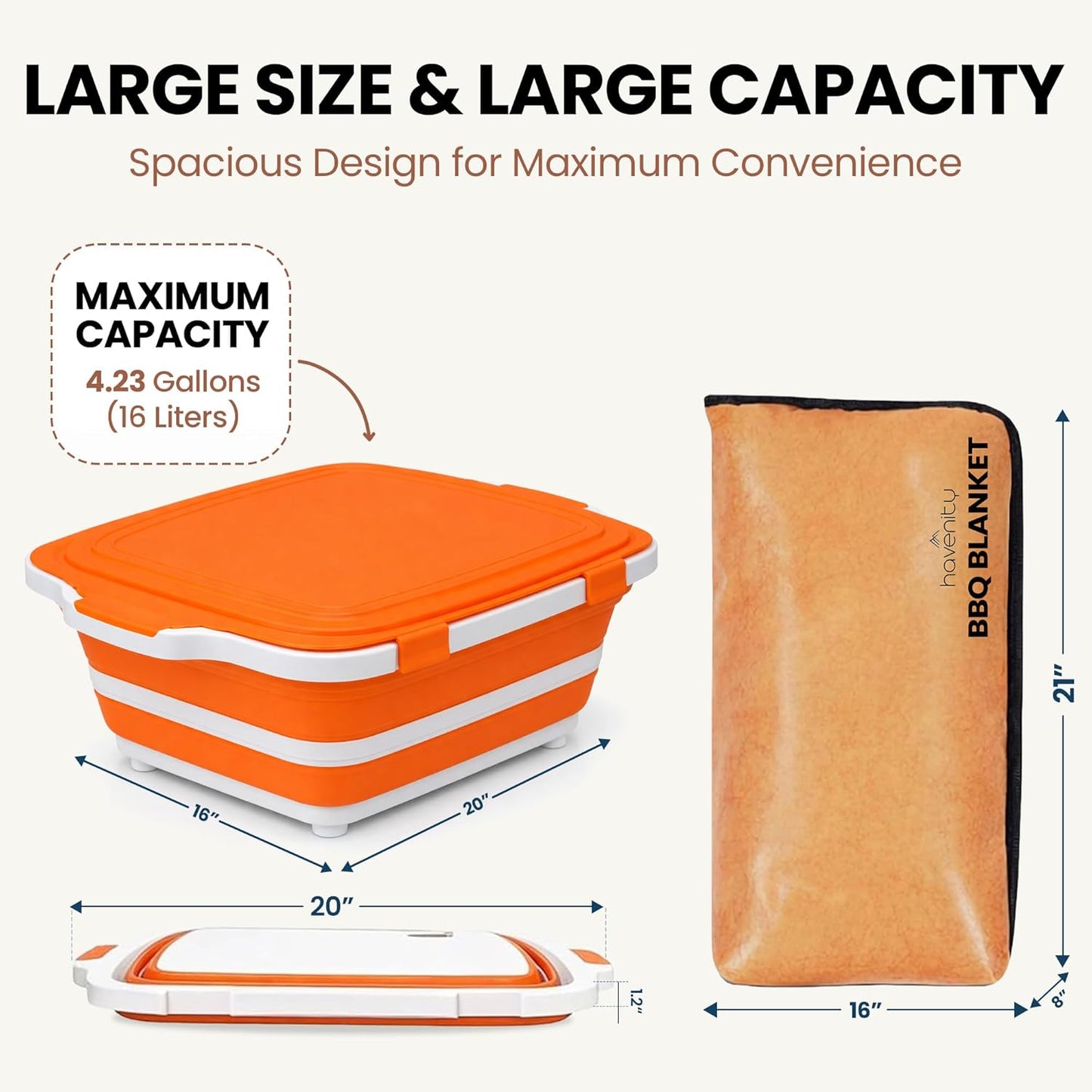 BBQ Prep Tub with BBQ Blanket, 16L Multifunctional Camping Cutting Board with Locking Lid, Reusable Meat Resting Bag for Smoking, Collapsible Dish Basin for Marinating Food (Large 16L)