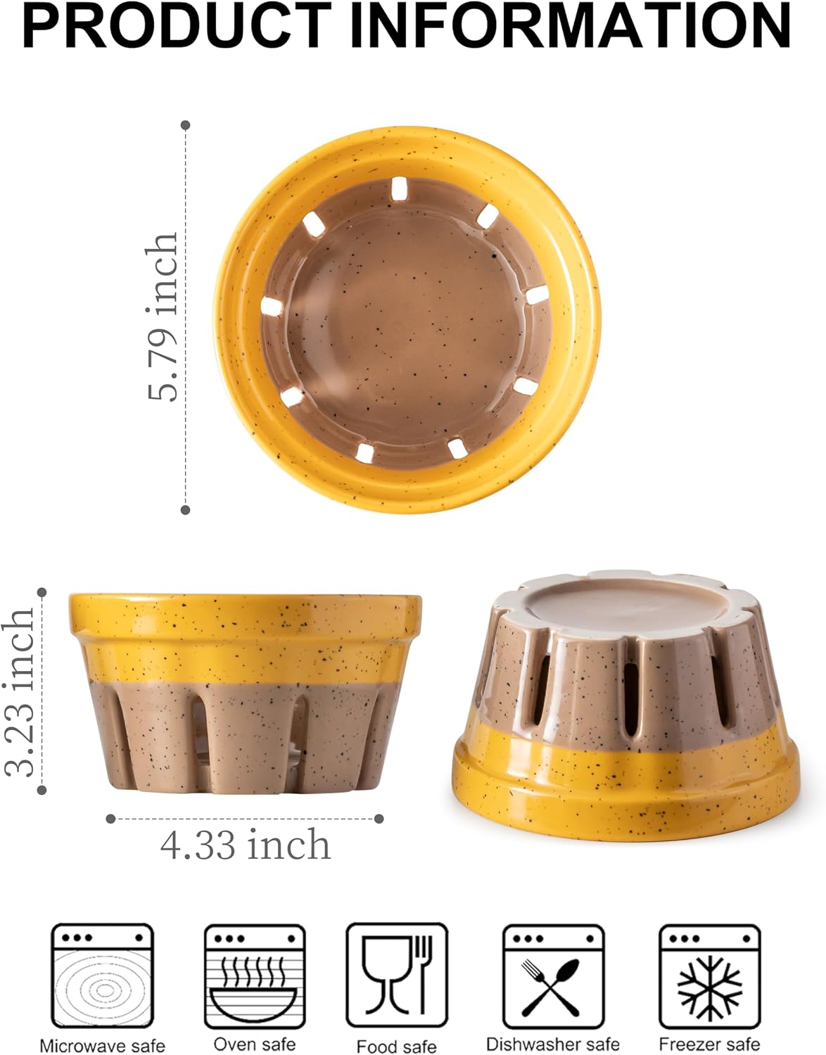 Gomakren Berry Bowls with Holes Ceramic, Berry Washing Bowl Basket Set of 2, 5.8 Inch Round Fruit Bowl Storage Containers, Strawberry Baskets, Farmhouse Kitchen Decor, Yellow + Brown