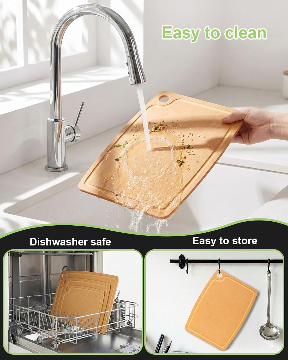 3PCS Wood Fiber Cutting Board - Dishwasher Safe Cutting Boards for Kitchen Set of 3 Composite Wood Chopping Boards with Juice Groove, Non-Slip Feet & Lightweight Eco-Friendly for Indoor/Outdoor Used