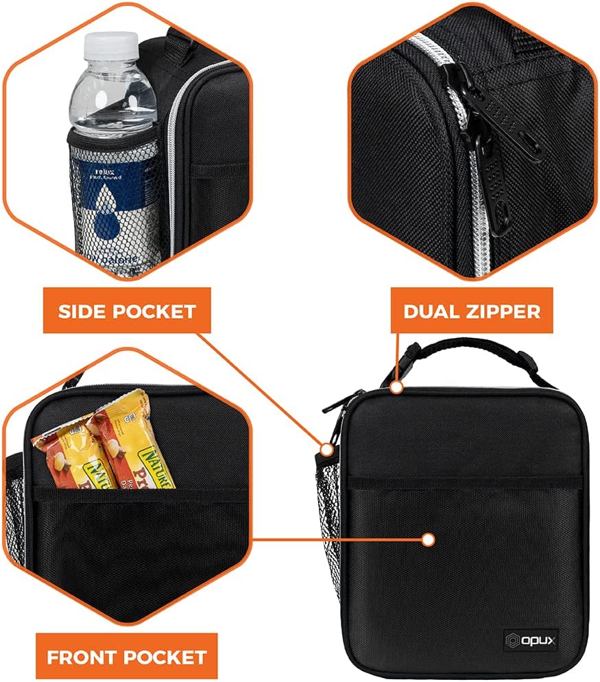 opux Premium Insulated Lunch Box, Soft School Lunch Bag for Kids Boys Girls, Leakproof Small Lunch Pail Men Women Work, Reusable Compact Cooler Tote Lunchbox for Office Adult, Black