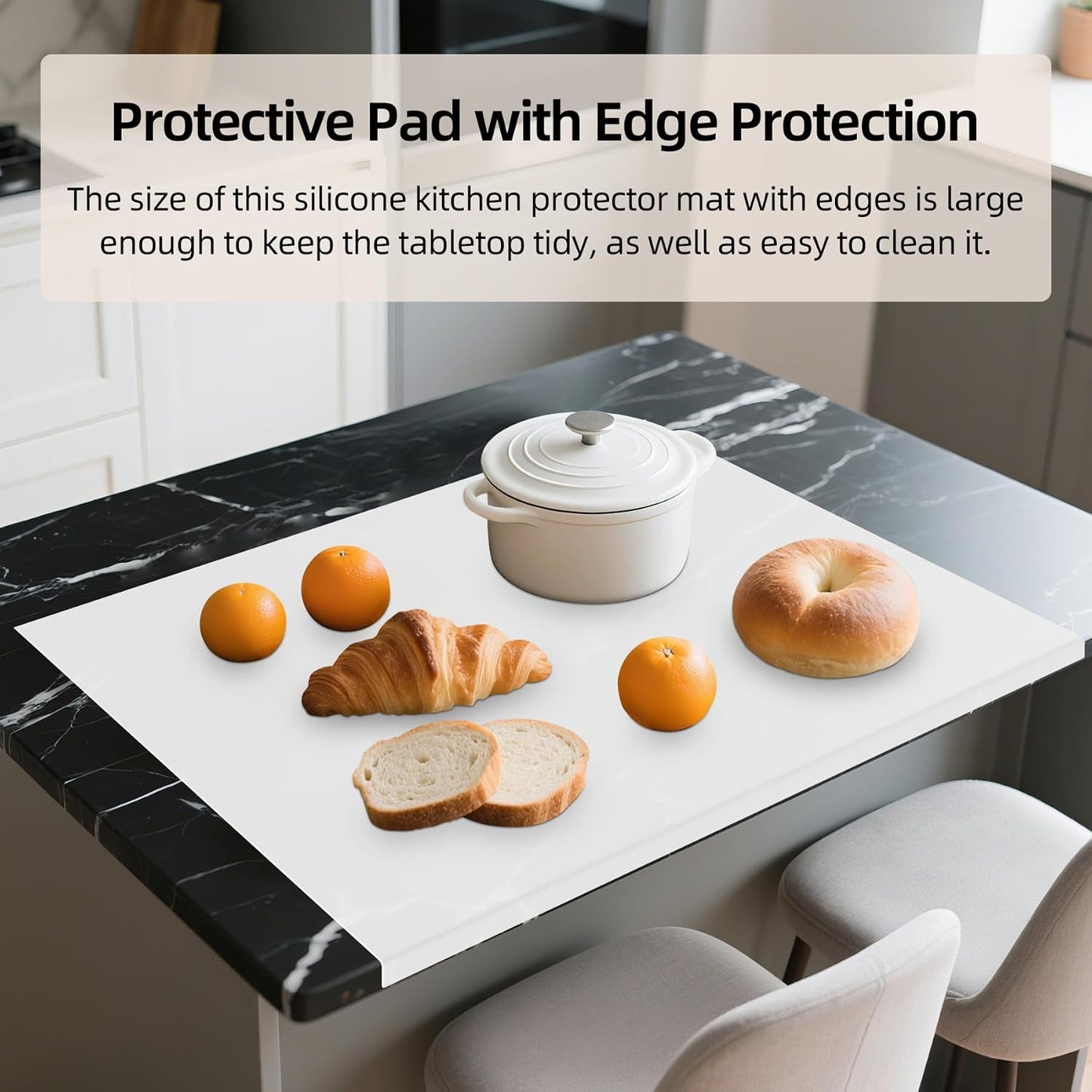 Silicone Mat with Edge Protection, 28" x 20" Large Kitchen Counter Protector Mat, Heat Resistant Desk Saver Pad for Craft Baking, Cut to Fit Placemat Non-Slip Easy to Clean Table Coffee Mat (White)