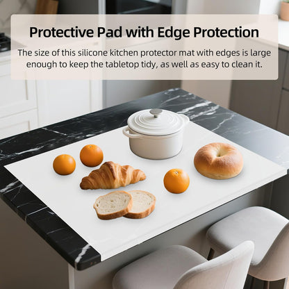Silicone Mat with Edge Protection, 28" x 20" Large Kitchen Counter Protector Mat, Heat Resistant Desk Saver Pad for Craft Baking, Cut to Fit Placemat Non-Slip Easy to Clean Table Coffee Mat (White)